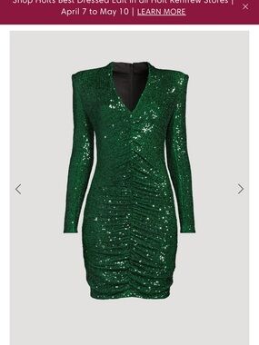Smythe Emerald Sequin Long-Sleeve Ruched V-Neck Dress